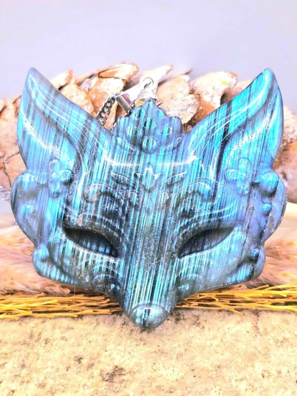 Flashy Labradorite Fox Mask Pendant – 1.6" Statement Necklace